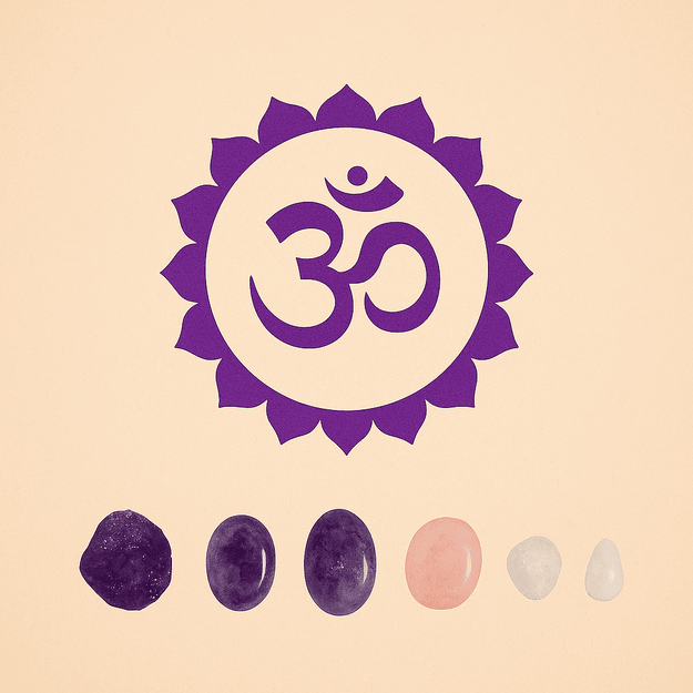 desen al semnului ce reprezinta chakra coroana de culoare violet si 6 cristale de ameist, cuart transparent si cuart roz