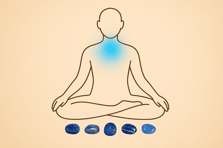 o silueta de om care mediteaza in pozitia lotus cu chakra gatului de culoare turcoaz activ si avand cristale pozitionate in fata acestuia
