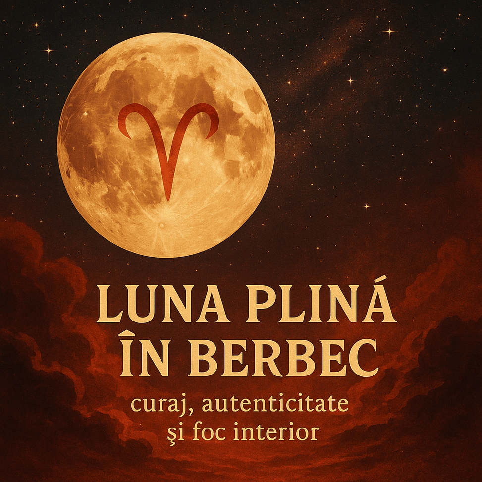 Luna Plină în Berbec pe 7 octombrie 2025 – ilustrație mistică cu Lună plină strălucitoare pe cer nocturn și elemente de foc, simbol al curajului și autenticității