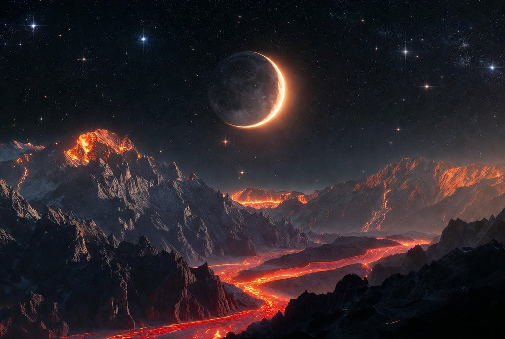 New moon in Aries over fiery volcanic landscape symbolizing powerful new beginnings and transformation
