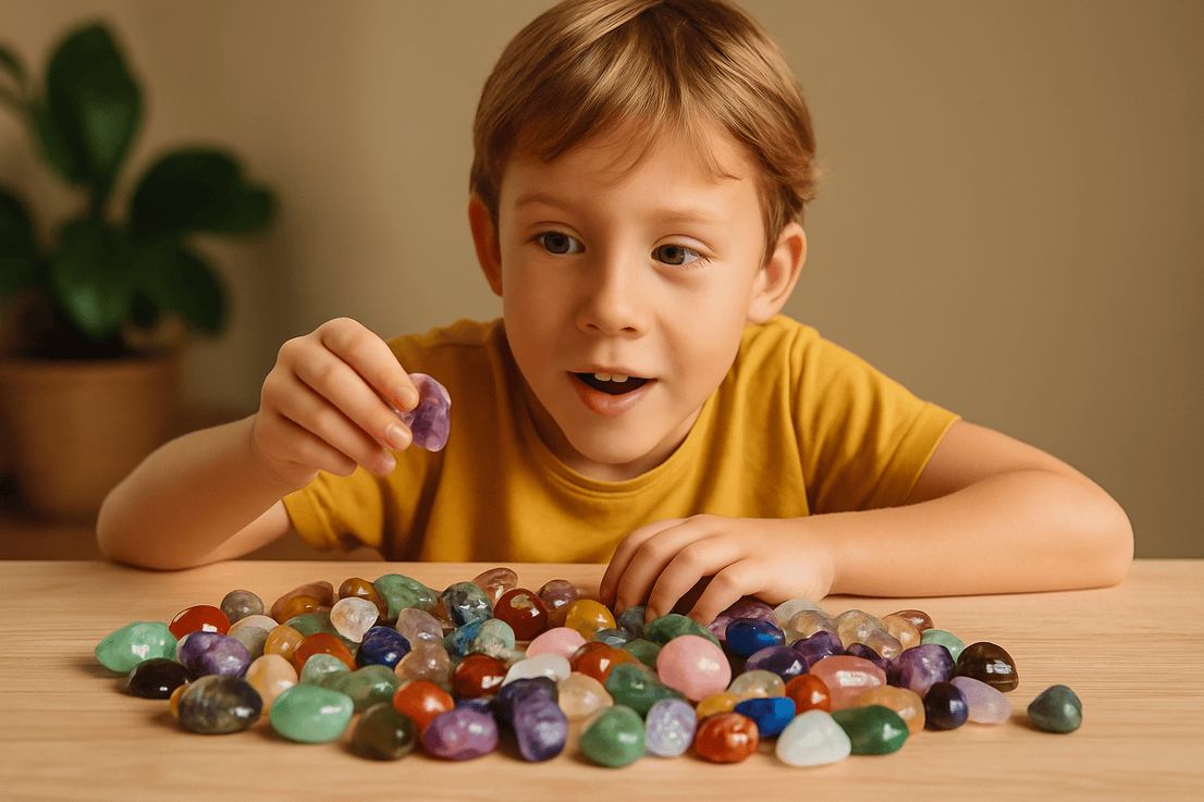 UN BAIETEL DE 6 ANI CARE SE UITA ENTUZIASMAT LA O GRAMADA DE PIETRICELE CRISTALE DE DIFERITE CULORI