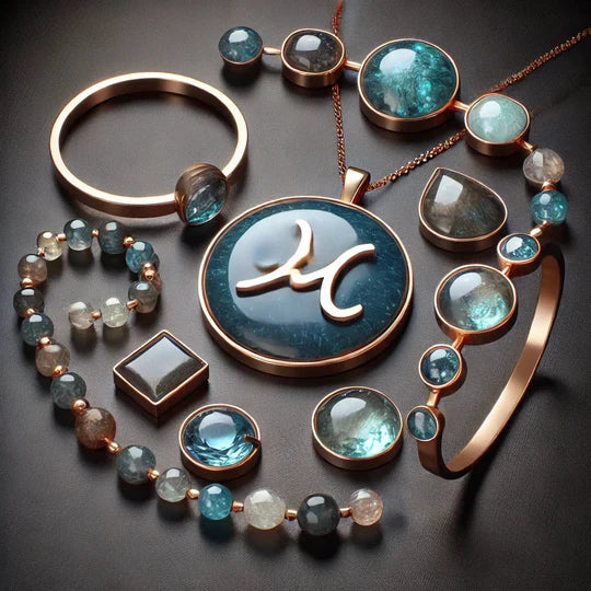 bijuteri cu cristale de culoare inchisa si un pandantiv cu zodia varsator