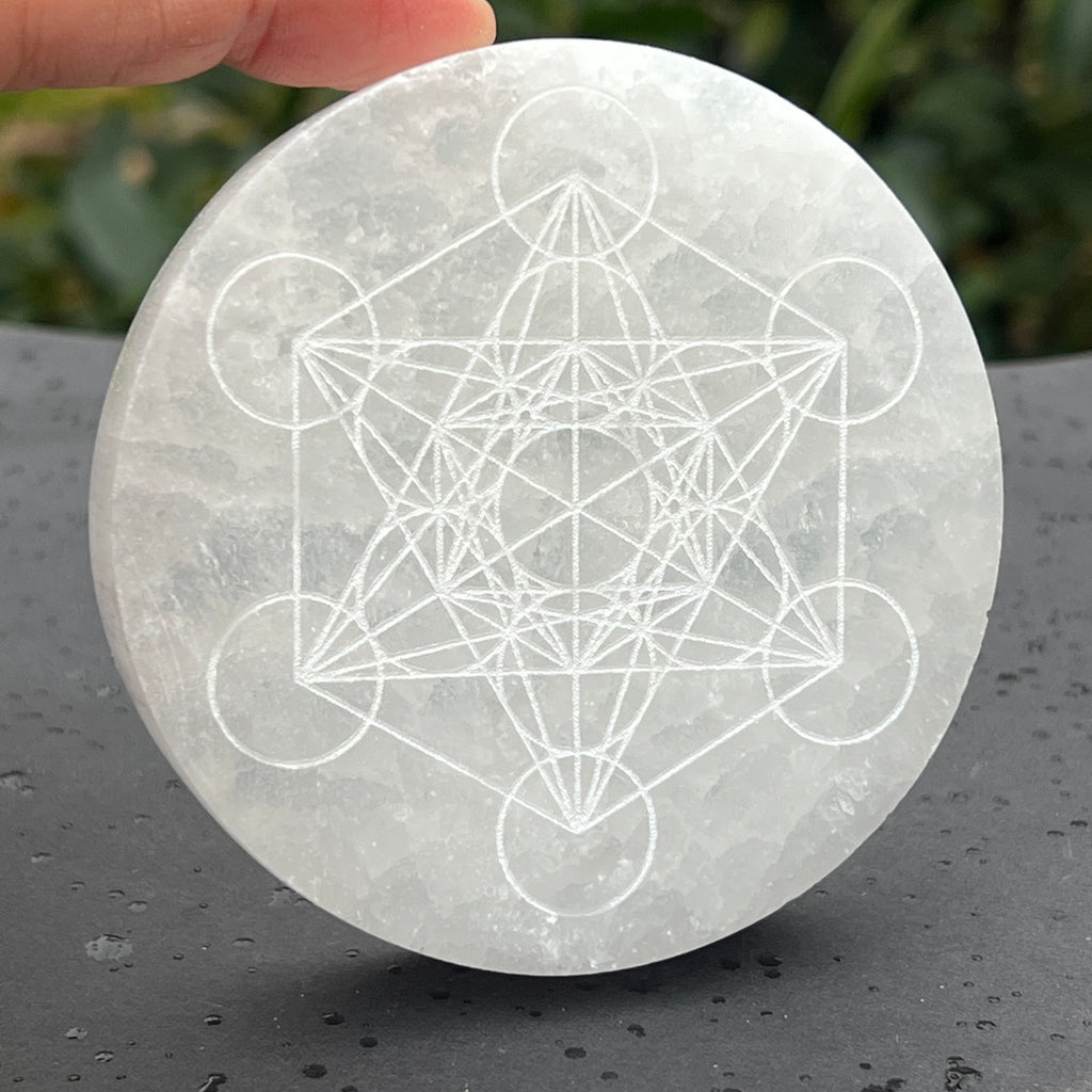 Disc Selenit Metatron 8, 10, 14 cm, grila grid cristale, pietre semipretioase - druzy.ro 3 