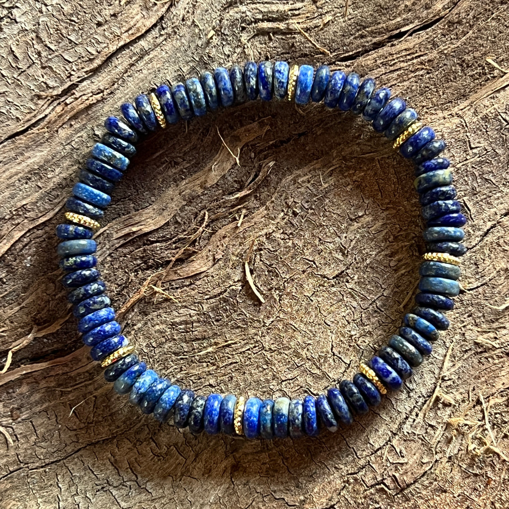 Bratara discuri lapis lazuli si insertii aurii – 6x2 mm, pietre semipretioase - druzy.ro 4 